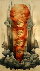Vertical artwork featuring a column of moons,  with clouds and a stylized sky, in muted tones of red-orange and gray