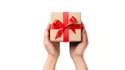 Hands holding a gift box tied with a vibrant red ribbon on display now isolated on transparent background	