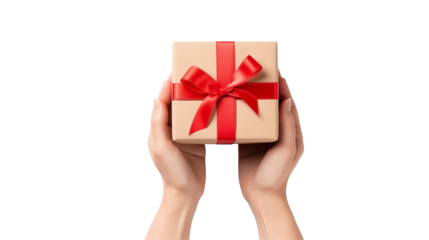 Hands holding a gift box tied with a vibrant red ribbon on display now isolated on transparent background	