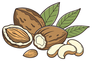 8 Photorealistic nuts, almonds and Brazil nuts, green leaves, whole and cracked shells, high-resolution texture, studio lighting, white background, food photography, closeup macro, vibrant colors, ric