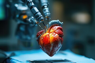 Robotic surgery on a human heart, precision instruments performing a delicate operation.