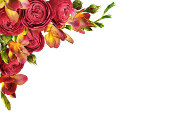 Red roses and freesia flowers in a corner floral arrangement isolated on white or transparent...