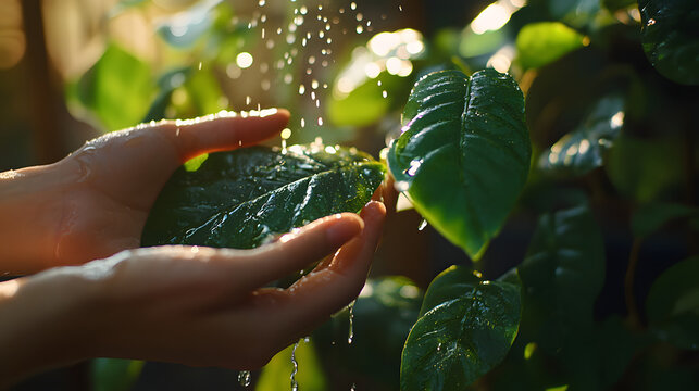 Hands nurturing a leaf in vibrant sunlight: A person's gentle hands cradle a lush green leaf, as droplets of water cascade over the surface in a display of nature's hydration.