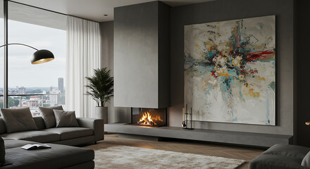 Modern living room with a sleek fireplace, abstract art, and city view through a large window.