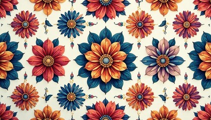 Intricate floral design, repeating seamlessly for textile prints , spring, summer, illustration