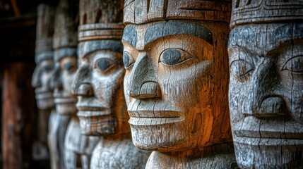 Carved Wooden Statues of Indigenous People in Natural Setting