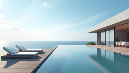Fototapeta premium Perspective of modern luxury house with wood terrace and swimming pool on sea view background,Idea of minimal architecture design.