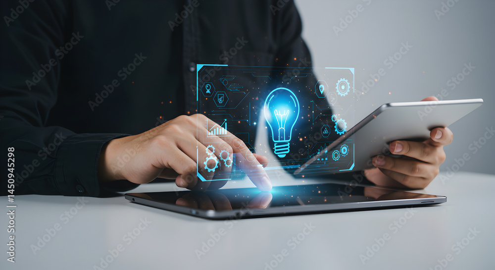 Poster digital innovation strategy concept businessman using tablet with light bulb icon idea network