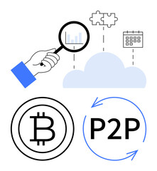 Magnifying glass exploring data, cloud app icons, puzzle pieces, calendar, Bitcoin, and P2P arrows. Ideal for technology, finance, data sharing blockchain business analytics decentralized