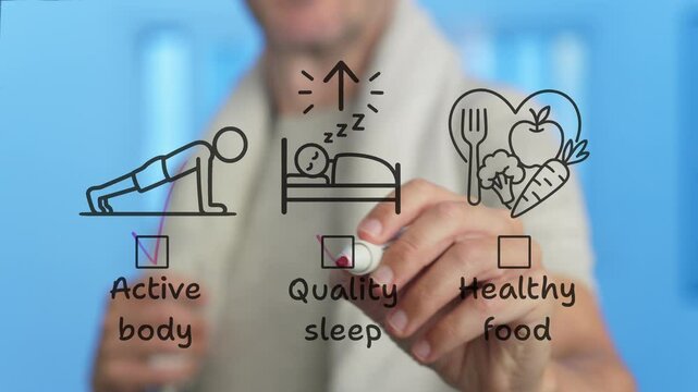Athlete ticks off boxes next to icons representing active body, quality sleep, and healthy food, emphasizing a holistic approach to wellness on a transparent board