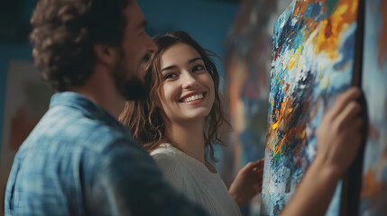 Creative Collaboration: An artistic duo, a man and a woman, stands side-by-side, gazing at a vibrant abstract painting, a testament to the beauty of shared creative passion. 