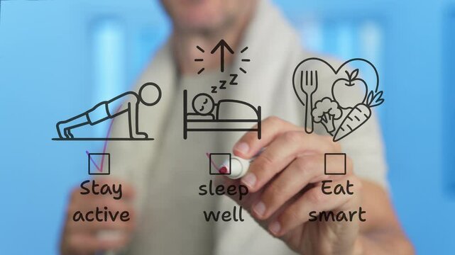 Coach writing and ticking off items on a plan for a healthy lifestyle including staying active, sleeping well and eating smart, drawn on a transparent whiteboard, isolated on white