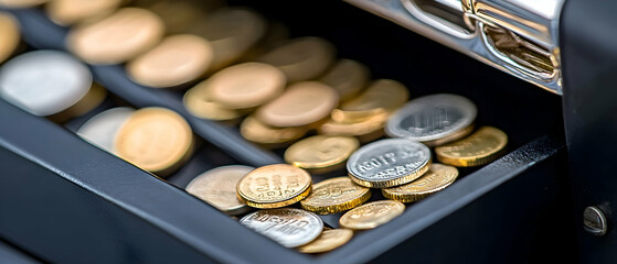 Close Up View Of Many Coins In A Dark Gray Cash Register Drawer