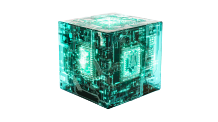 Digital circuit cube illuminated blue green, cut out transparent