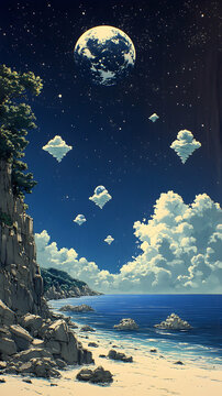 Coastal scene under a night sky featuring a large moon and unusual cloud formations  Rocky cliffs overlook a sandy bea