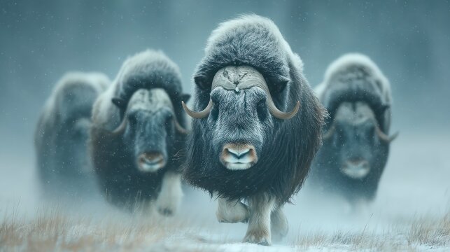 Herd of Large Horned Animals in Snowy Landscape Winter Wildlife Scene Nature Photography Col