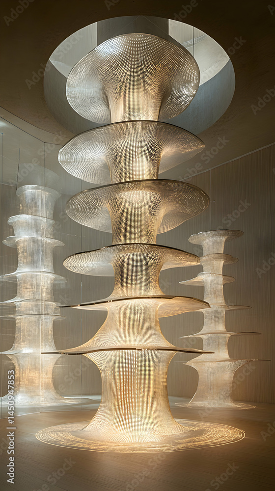 Poster illuminated layered sculptural stacks, casting soft light and shadow, creating depth and artistic pr