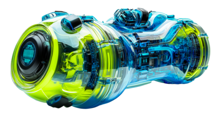 Futuristic machine with circuit and light details, cut out transparent