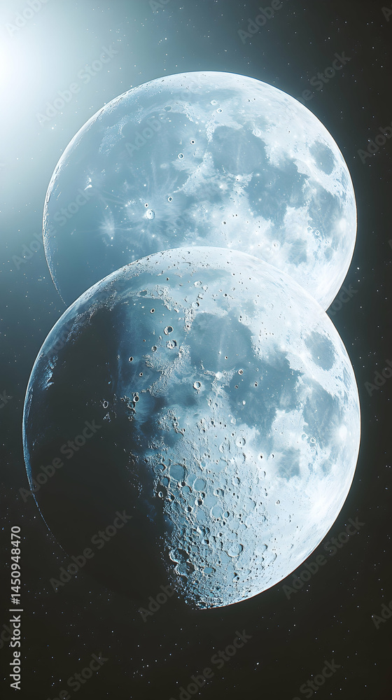Poster two celestial bodies possibly moons overlap in space showing cratered surfaces against a star-dusted