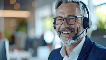 Professional Customer Service: A friendly and approachable businessman with a genuine smile wearing a headset, ready to assist customers with their queries or concerns.