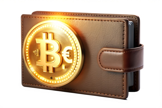 Open Bitcoin Wallet with Glowing BTC Symbol 3D Render Isolated on Transparent Background, PNG File - Powered by Adobe