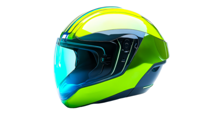 Shiny lime green motorcycle helmet, side angle view, cut out transparent