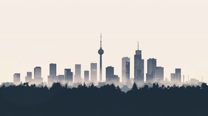 Obraz premium City skyline sunrise, foggy morning, urban landscape, website banner