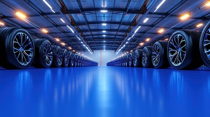 Warehouse with rows of tires on blue floor