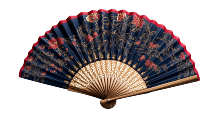 Ornate folding hand fan with floral motif, cut out transparent