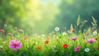 Obraz premium Delicate wildflowers & grasses, continuous print, pattern, meadow pattern, summer