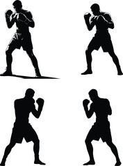 Male Boxer Fighting Stance Silhouette – Fists Up, Legs Apart, Clean Black Vector on White Background