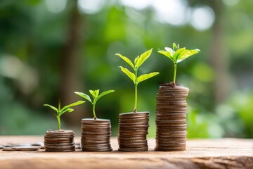 Stacks of coins with plants growing on top against a green backdrop
