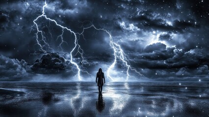 Obraz premium Solitary figure amidst ocean and lightning
