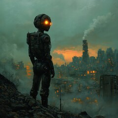 A human with a robotic head, standing on a hill overlooking a devastated world, their glowing eyes reflecting despair