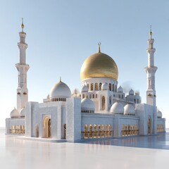 Grand white mosque with golden dome and minarets against a blue sky