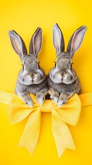 Obraz premium Adorable Gray Rabbits with Yellow Bow Easter Gift