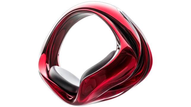 Futuristic red open headphones with grey padding, cut out transparent