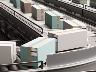 Cardboard parcels move along automated conveyor belts in a high-tech logistics warehouse, part of a modern packaging and distribution system. – Logistics, Automation, Packaging. 3d image