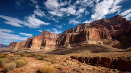 Fototapeta premium Majestic canyons rise under a vibrant blue sky dotted with fluffy white clouds, showcasing the raw beauty and grandeur of the natural landscape formation outdoors.