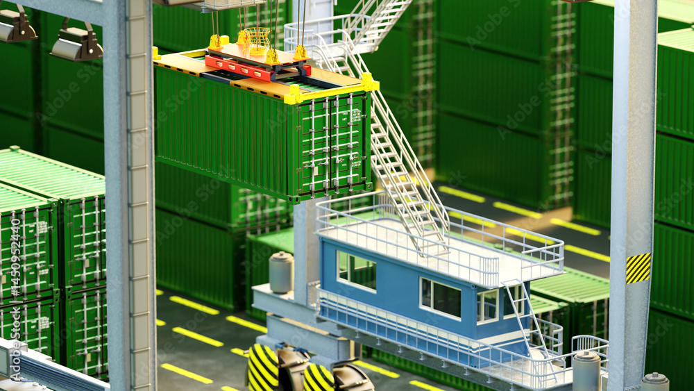 Poster green shipping container being lifted by crane at a logistics terminal surrounded by stacked contain