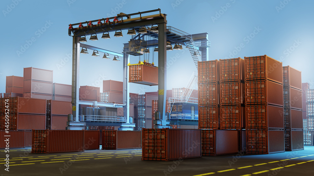 Poster cargo containers stacked at a busy port terminal with a crane lifting a container for loading or unl