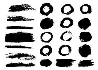 Vector brush stroke textures of different shapes. Paint text boxes and paintbrush collection. Grunge banners for authentic design vibe. Painted backgrounds