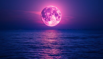 Pink moonrise over calm ocean