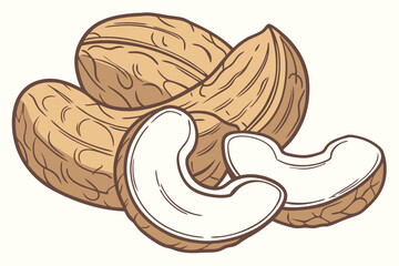 13 Cashew nuts, pile of golden crescent-shaped nuts, close-up food photography, white background, high detail, soft lighting, textured surface, healthy snack, organic, raw cashews, crisp focus, studio