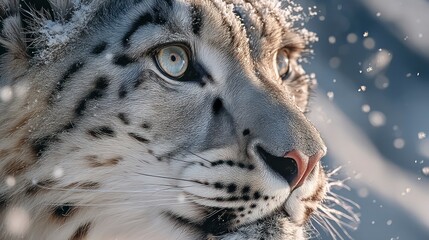 Majestic Feline in Winter Wonderland A CloseUp of a SnowCovered Big Cat with Striking Featur