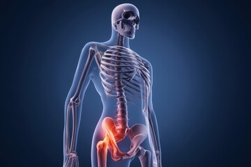 Skeleton showing hip joint pain on blue background