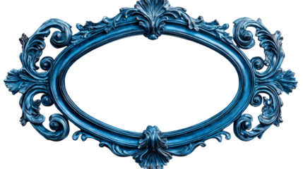 Blue ornate frame with floral carvings, oval shape, cut out transparent