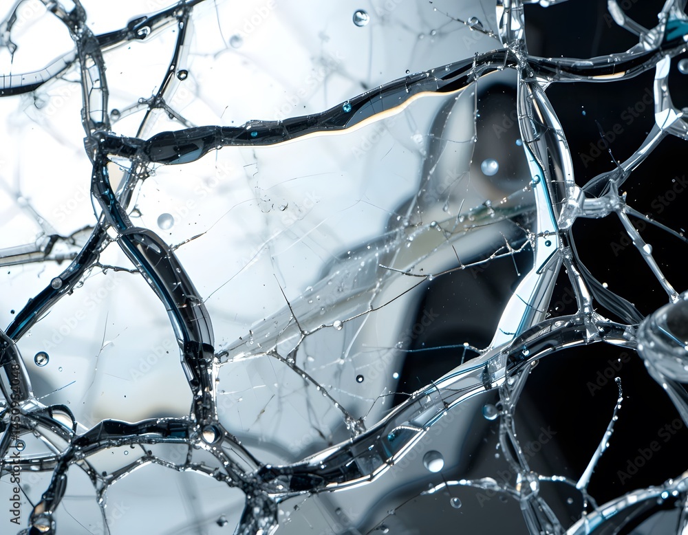 Poster reflected light dances on fractured glass. magnified edges of a mirror shard reveal inner textures, 