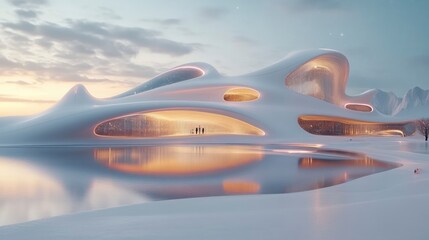Futuristic Architecture Reflecting in Serene Waters at Dusk