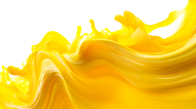 Vibrant yellow fluid wave with motion, glossy texture, cut out transparent